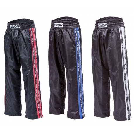 Saténové kalhoty KWON černé s modrým pruhem